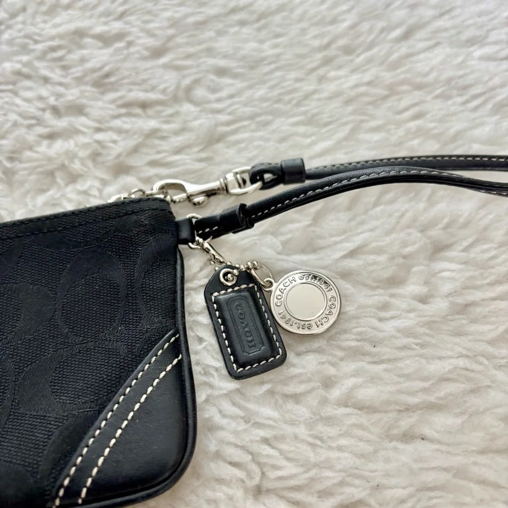 Coach CC Signature Canvas Black Leather Wristlet with Charm